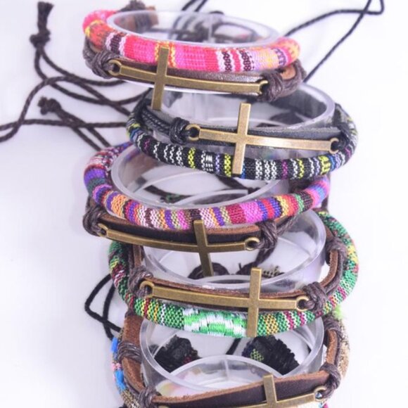 27218 Dozen Pack Leather Sideways Cross Macrame Wrap Mix Bracelets Wholesale - Picture 2 of 2